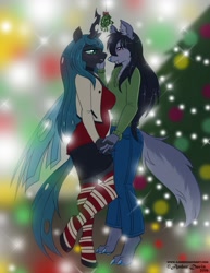 Size: 989x1280 | Tagged: safe, artist:sonicsweeti, imported from derpibooru, queen chrysalis, oc, oc:feng, anthro, changeling, changeling queen, unguligrade anthro, wolf, blushing, canon x furry, canon x oc, christmas, christmas changeling, christmas lights, christmas tree, clothes, commission, digital art, fangs, female, furry, furry x canon, holiday, horn, looking at each other, mistletoe, romance, smiling, snow, snowfall, socks, striped socks, tail, thigh highs, tree, wings