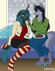 Size: 927x1200 | Tagged: safe, artist:sonicsweeti, imported from derpibooru, queen chrysalis, oc, oc:feng, anthro, changeling, changeling queen, unguligrade anthro, wolf, canon x furry, canon x oc, chocolate, christmas changeling, clothes, commission, digital art, fangs, feeding, female, food, furry, furry x canon, happy, horn, looking at each other, male, plate, romance, smiling, snow, socks, strawberry, striped socks, tail, thigh highs, window, wings
