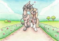 Size: 2446x1709 | Tagged: safe, artist:serenepony, imported from derpibooru, oc, oc:serene tone, oc:sweetheart, donkey, hybrid, pony, unicorn, clothes, couple, donkeycorn, female, looking at each other, male, mare, scarf, smiling, stallion, traditional art, tube scarf, walking, walking together