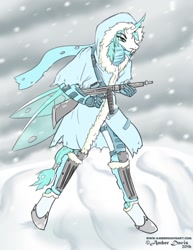 Size: 989x1280 | Tagged: safe, artist:sonicsweeti, imported from derpibooru, oc, oc only, oc:seppen, anthro, changeling, unguligrade anthro, blizzard, clothes, commission, digital art, fangs, gun, horn, ice changeling, male, snow, snowfall, solo, tail, tommy gun, weapon, wings, winter