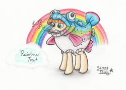 Size: 1847x1325 | Tagged: safe, artist:serenepony, imported from derpibooru, rainbow trout (character), pony, rainbow roadtrip, clothes, costume, harmonica, male, musical instrument, rainbow, rainbow trout, rainbow trout (g4), simple background, smiling, solo, stallion, traditional art