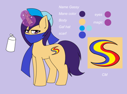 Size: 2260x1680 | Tagged: safe, artist:pencil bolt, imported from derpibooru, oc, oc only, oc:gassy, pony, unicorn, female, hat, reference sheet, solo, spray paint