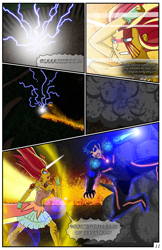 Size: 2331x3600 | Tagged: safe, artist:artemis-polara, imported from derpibooru, flash sentry, sunset shimmer, comic:a battle to save a possessed soul, equestria girls, arm cannon, armor, aura, badass, bleeding, blood, breasts, burning, cleavage, clothes, comic, commission, corrupted, danger, dark samus, daydream shimmer, destruction, devastation, dress, electricity, energy, explosion, fear, female, fight, fire, forest, horn, injured, magic, male, metroid, night, pain, phazon, possessed, scared, shocked expression, smoke, transformation, tree, weapon