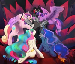 Size: 965x828 | Tagged: safe, artist:wynnchi, imported from derpibooru, king sombra, princess cadance, princess celestia, princess luna, twilight sparkle, alicorn, pony, unicorn, dark magic, female, harem, king sombra gets all the mares, magic, male, mare, mind control, sombra eyes, straight, throne, throne room, twilight sparkle (alicorn)