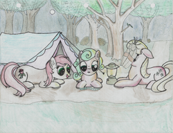 Size: 1000x767 | Tagged: safe, artist:kody02, imported from derpibooru, daisy, flower wishes, lily, lily valley, roseluck, oc, oc:fluffy the bringer of darkness, insect, moth, worm, forest, lantern, moon, night, tent, traditional art, tree