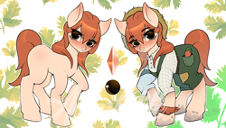 Size: 1000x567 | Tagged: safe, artist:yasuokakitsune, imported from derpibooru, oc, oc only, pony, adoptable, advertisement, carrot, clothes, dirty, food, freckles, hat, overalls, patch, red hair, reference sheet, shirt, solo