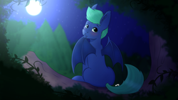 Size: 11811x6640 | Tagged: safe, artist:almond evergrow, imported from derpibooru, oc, oc:fruitcup, bat, bat pony, pony, moon, moonlight, night, perspective, tree