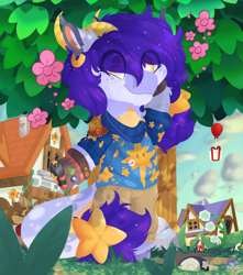 Size: 3756x4252 | Tagged: safe, artist:drawtheuniverse, imported from derpibooru, oc, oc only, oc:galaxytrail, anthro, animal crossing, balloon, clothes, house, present, tree