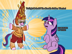 Size: 1000x750 | Tagged: safe, artist:slamjam, imported from derpibooru, starlight glimmer, twilight sparkle, alicorn, armor, bipedal, duo, gold, golden warrior, historical roleplay starlight, kazakhstan, scythian, t pose, text, twilight sparkle (alicorn)