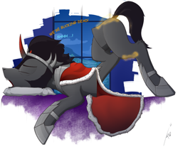 Size: 1433x1188 | Tagged: safe, artist:uliovka, imported from derpibooru, king sombra, pony, unicorn, armor, comic sans, face down ass up, half, lying down, male, modular, night, solo, stallion, text