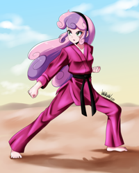 Size: 3600x4500 | Tagged: safe, artist:danmakuman, imported from derpibooru, sweetie belle, human, equestria girls, absurd resolution, barefoot, black belt, clothes, commission, feet, female, fighting stance, gi, hairband, human coloration, humanized, karate, martial arts, open mouth, pants, pose, robe, sand, serious, serious face, solo, toenails, toes, trousers