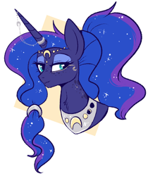 Size: 564x670 | Tagged: safe, artist:lulubell, imported from derpibooru, princess luna, alicorn, pony, abstract background, alternate hairstyle, bust, chest fluff, circlet, eyeshadow, female, freckles, horn, horn jewelry, jewelry, lidded eyes, looking at you, makeup, mare, peytral, ponytail, smiling, solo, wavy mouth