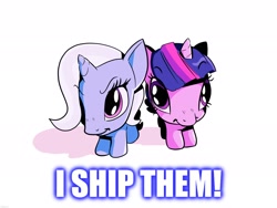 Size: 2048x1536 | Tagged: safe, artist:cassettepunk, edit, imported from derpibooru, trixie, twilight sparkle, alicorn, unicorn, caption, chibi, cute, diatrixes, duo, fash'ems, female, image macro, lesbian, mare, shipping, simple background, text, toy, twiabetes, twilight sparkle (alicorn), twixie, white background