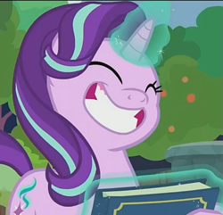 Size: 769x742 | Tagged: safe, edit, edited screencap, imported from derpibooru, screencap, starlight glimmer, pony, unicorn, memnagerie, spoiler:memnagerie, spoiler:mlp friendship is forever, big smile, book, cropped, female, gums, solo