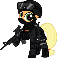 Size: 6000x6109 | Tagged: safe, alternate version, artist:n0kkun, imported from derpibooru, part of a set, applejack, earth pony, pony, ammunition, armor, balaclava, belt, boots, bullet, clothes, commission, cuffs, elbow pads, female, gloves, goggles, grenade, gun, helmet, knee pads, m4a1, mare, mask, pants, police, pouch, ppe, raised hoof, remington 870, shoes, shotgun, shotgun shell, simple background, smoke bomb, solo, swat, transparent background, united states, weapon