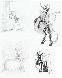 Size: 1872x2343 | Tagged: safe, artist:carnifex, imported from derpibooru, queen chrysalis, changeling, changeling queen, kobold, black and white, chef's hat, collection, cook, crown, dungeons and dragons, female, grayscale, hat, ink drawing, jewelry, monochrome, pen and paper rpg, pencil drawing, regalia, rpg, scanned, shackles, traditional art