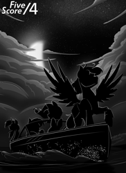 Size: 1280x1760 | Tagged: safe, artist:tf-sential, deleted from derpibooru, imported from derpibooru, applejack, rainbow dash, rarity, shining armor, earth pony, pegasus, pony, unicorn, fanfic:five score divided by four, boat, cloud, cloudy, crescent moon, fanfic art, grayscale, monochrome, moon, night, silhouette, water, wings