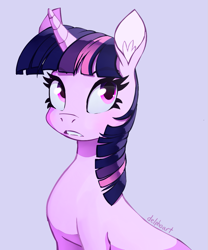 Size: 997x1199 | Tagged: safe, artist:delphoart, imported from derpibooru, twilight sparkle, pony, unicorn, cute, ear fluff, female, mare, purple background, simple background, solo, twiabetes, unicorn twilight