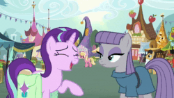 Size: 1280x720 | Tagged: safe, edit, edited screencap, imported from derpibooru, screencap, cherry cola, cherry fizzy, lily, lily valley, maud pie, mercury, starlight glimmer, starry eyes (character), earth pony, pony, unicorn, rock solid friendship, animated, background pony, dubbing, french, german, grin, happy, market, ponyville, smiling, sound, webm