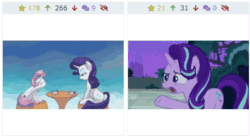 Size: 457x248 | Tagged: safe, artist:hananpacha, imported from derpibooru, rarity, starlight glimmer, sweetie belle, pony, unicorn, derpibooru, student counsel, animated, behaving like a dog, cup, cute, female, loop, meta