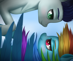 Size: 3600x3000 | Tagged: safe, artist:palibrik, artist:sanroys, imported from derpibooru, rainbow dash, soarin', pegasus, pony, blushing, duo, falling, female, flying, lidded eyes, looking at each other, male, mare, shipping, sky, smiling, soarindash, stallion, straight, windswept mane