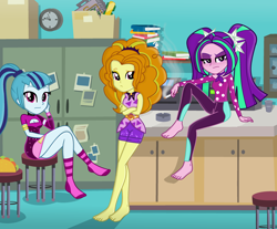 Size: 3192x2648 | Tagged: safe, artist:charliexe, artist:grapefruitface1, derpibooru exclusive, imported from derpibooru, adagio dazzle, aria blaze, sonata dusk, equestria girls, equestria girls series, find the magic, spoiler:eqg series (season 2), ashtray, ass, barefoot, base used, blushing, book, butt, cigarette, clock, clothes, desk, feet, food, greenbutt pants, legs, looking at you, office, schrödinger's pantsu, show accurate, smoking, socks, sonata donk, taco, the dazzlings, thighs, trio