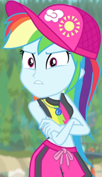 Size: 491x850 | Tagged: safe, imported from derpibooru, screencap, rainbow dash, equestria girls, equestria girls series, forgotten friendship, angry, bikini, bikini top, blurred background, blurry background, board shorts, cap, clothes, cloud, cropped, crossed arms, female, forest background, geode of super speed, hat, jewelry, magical geodes, midriff, necklace, outdoors, rainbow, rainbow dash's beach shorts swimsuit, shorts, sleeveless, sun, swimsuit, talking, tankini, thunderbolt