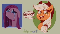 Size: 1896x1102 | Tagged: safe, artist:delphoart, imported from derpibooru, applejack, pinkie pie, earth pony, pony, applejack's hat, bust, cowboy hat, crying, dialogue, hat, howdy, pinkamena diane pie, teary eyes