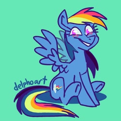 Size: 2000x2000 | Tagged: safe, artist:delphoart, imported from derpibooru, rainbow dash, pegasus, pony, female, green background, mare, no pupils, simple background, sitting, smiling, solo