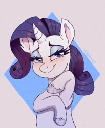 Size: 1296x1578 | Tagged: safe, artist:delphoart, imported from derpibooru, rarity, pony, unicorn, abstract background, blushing, bust, cute, ear fluff, female, mare, raribetes, smiling, solo, unshorn fetlocks