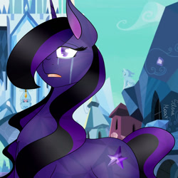 Size: 1417x1417 | Tagged: safe, artist:selcix, imported from derpibooru, oc, oc:amethyst star, pony, unicorn, crying, crystal empire, horn, unicorn oc