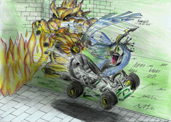 Size: 2320x1654 | Tagged: safe, artist:3500joel, imported from derpibooru, queen chrysalis, changeling, pony, bowser, brick wall, burned, burned butt, butt fire, fire, go kart, grass, mario kart, scared, smoke, traditional art, wide eyes