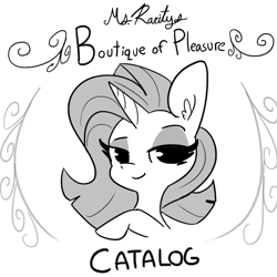 Size: 3375x3375 | Tagged: safe, artist:tjpones, imported from derpibooru, part of a set, rarity, pony, unicorn, boutique of pleasure, female, grayscale, mare, monochrome, simple background, solo, text, white background