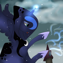 Size: 2449x2449 | Tagged: safe, artist:selcix, imported from derpibooru, princess luna, spirit of hearth's warming yet to come, pony, a hearth's warming tail, female, glowing horn, horn, luna's future, magic, scene interpretation, snow, snowfall, solo