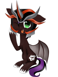 Size: 1622x2150 | Tagged: safe, artist:xxspeedboltxx, imported from derpibooru, oc, oc only, oc:fuego, bat pony, pony, bat pony oc, bat wings, looking at you, male, one eye closed, open mouth, simple background, sitting, solo, transparent background, wings, wink, winking at you