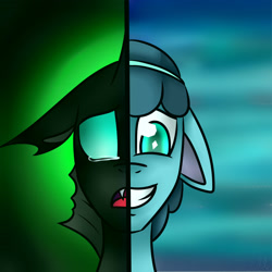 Size: 2449x2449 | Tagged: safe, artist:selcix, imported from derpibooru, crystal hoof, thorax, changeling, the times they are a changeling, crying, disguise, disguised changeling, duality, male, solo, split screen