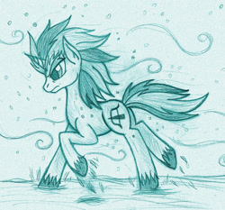 Size: 1682x1567 | Tagged: safe, artist:rossmaniteanzu, imported from derpibooru, oc, oc only, oc:ice storm, pony, unicorn, horn, male, monochrome, running, snow, solo, unicorn oc, wind