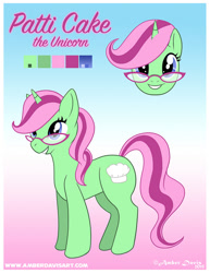 Size: 618x800 | Tagged: safe, artist:sonicsweeti, imported from derpibooru, oc, oc only, oc:patti cake, pony, unicorn, cutie mark, digital art, female, glasses, horn, mare, reference sheet