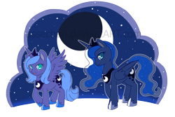 Size: 2001x1334 | Tagged: safe, artist:assechan, imported from derpibooru, princess luna, alicorn, pony, age progression, blushing, crescent moon, cute, duality, female, looking at you, lunabetes, mare, moon, night, no pupils, open mouth, profile, s1 luna, self ponidox, simple background, sky, stars, transparent background