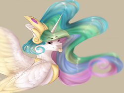 Size: 1024x774 | Tagged: safe, artist:shalnor, imported from derpibooru, princess celestia, alicorn, pony, :p, bust, crown, cute, cutelestia, female, gray background, jewelry, mare, one eye closed, portrait, regalia, simple background, solo, tongue out, two toned wings, wings, wink