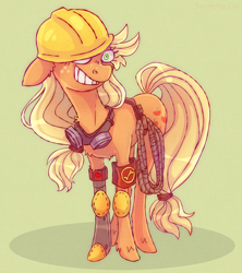 Size: 2160x2430 | Tagged: safe, artist:theswingingcat, imported from derpibooru, applejack, earth pony, pony, amputee, crossover, engiejack, engineer, goggles, green background, grin, helmet, prosthetic leg, prosthetic limb, prosthetics, rope, simple background, smiling, team fortress 2, unshorn fetlocks