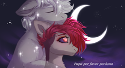 Size: 2949x1596 | Tagged: safe, artist:magicbalance, imported from derpibooru, oc, oc only, earth pony, ghost, pony, commission, eyes closed, hug, moon, rcf community, sky, stars