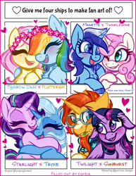 Size: 525x680 | Tagged: safe, artist:esmeia, imported from derpibooru, fluttershy, minuette, rainbow dash, starlight glimmer, sunburst, trixie, twilight sparkle, twinkleshine, alicorn, pegasus, pony, unicorn, blushing, chest fluff, female, floppy ears, floral head wreath, flower, flutterdash, four ships fanart, heart, lesbian, male, shipping, startrix, straight, text, twiburst, twilight sparkle (alicorn), twinklette