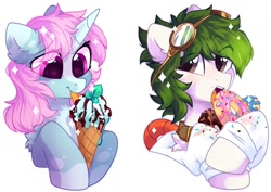 Size: 1200x850 | Tagged: safe, artist:mirtash, imported from derpibooru, oc, oc only, oc:lexing, oc:scoops, pony, unicorn, bust, donut, eating, food, goggles, heart, heart eyes, ice cream, simple background, white background, wingding eyes