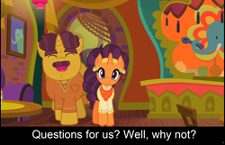 Size: 1920x1237 | Tagged: safe, imported from derpibooru, coriander cumin, saffron masala, pony, unicorn, comic:celestia's servant interview, spice up your life, caption, clothes, cs captions, ear piercing, earring, eyes closed, facial hair, father and child, father and daughter, female, interview, jewelry, looking at you, male, mare, moustache, piercing, smiling, stallion, tasty treat