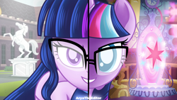 Size: 2560x1440 | Tagged: safe, artist:aryatheeditor, imported from derpibooru, sci-twi, twilight sparkle, unicorn, equestria girls, equestria girls series, spoiler:eqg series (season 2), canterlot high, clothes, digital art, duality, element of magic, female, geode of telekinesis, glass, glasses, heterochromia, human and pony, magic, magical geodes, mirror, ponied up, portal, powerful sparkle, shirt, sleeveless, sleeveless shirt, solo, wings