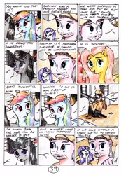 Size: 2388x3458 | Tagged: safe, artist:40kponyguy, derpibooru exclusive, imported from derpibooru, fluttershy, octavia melody, rainbow dash, rarity, earth pony, human, pegasus, unicorn, 40kponyguy's the staff of aurelian, comic, crossover, traditional art, warhammer (game), warhammer 40k