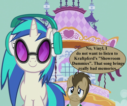 Size: 1296x1080 | Tagged: safe, edit, edited screencap, imported from derpibooru, screencap, dj pon-3, doctor whooves, time turner, vinyl scratch, slice of life (episode), carousel boutique, cropped, cute, doctor who, doctorbetes, headphones, implied autons, kraftwerk, spearhead from space, speech, speech bubble, sunglasses, talking, terror of the autons, the doctor, vinylbetes