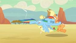 Size: 1920x1080 | Tagged: safe, imported from derpibooru, screencap, applejack, rainbow dash, earth pony, pegasus, pony, season 2, the last roundup, collision, great moments in animation