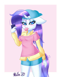 Size: 1200x1500 | Tagged: safe, artist:melliedraws, imported from derpibooru, rarity, anthro, unicorn, alternate hairstyle, backwards ballcap, baseball cap, blushing, bubblegum, cap, cellphone, clothes, disguise, eyeshadow, female, floppy ears, food, gum, hat, makeup, mare, messy mane, phone, plainity, shorts, smartphone